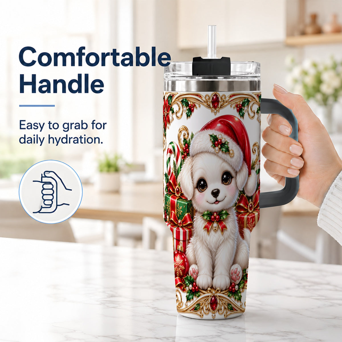 #pl[40oz|Black] Christmas Puppy 40oz Tumbler with Handle, Stainless Steel Travel Cup