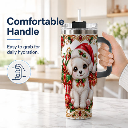 #pl[40oz|Black] Christmas Puppy 40oz Tumbler with Handle, Stainless Steel Travel Cup