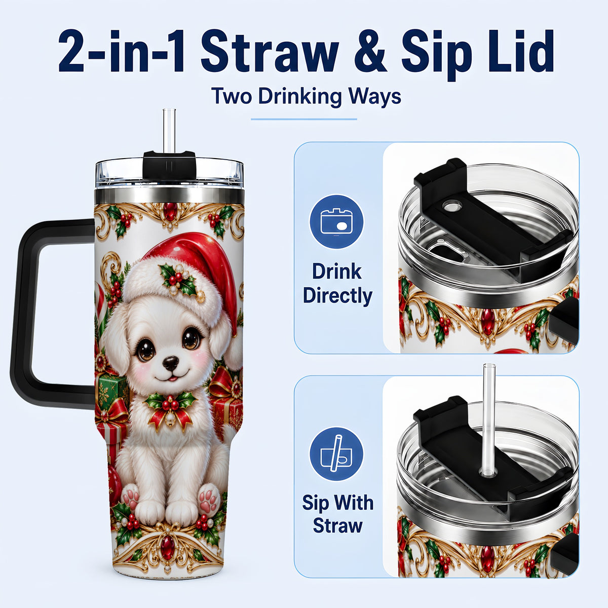 #pl[40oz|Black] Christmas Puppy 40oz Tumbler with Handle, Stainless Steel Travel Cup