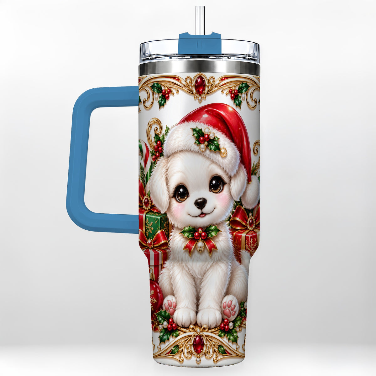 #pl[40oz|Blue] Christmas Puppy 40oz Tumbler with Handle, Stainless Steel Travel Cup