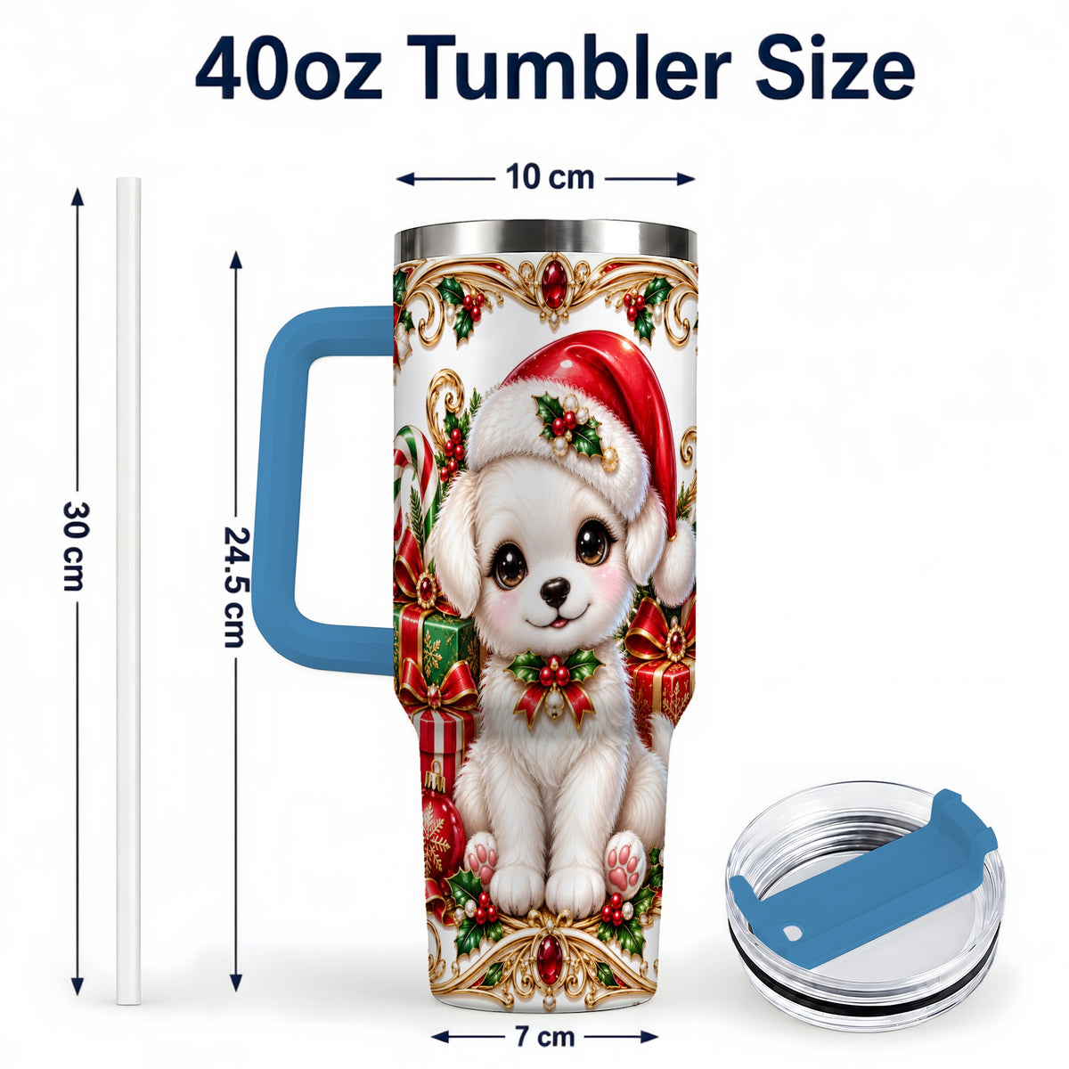 #pl[40oz|Blue] Christmas Puppy 40oz Tumbler with Handle, Stainless Steel Travel Cup