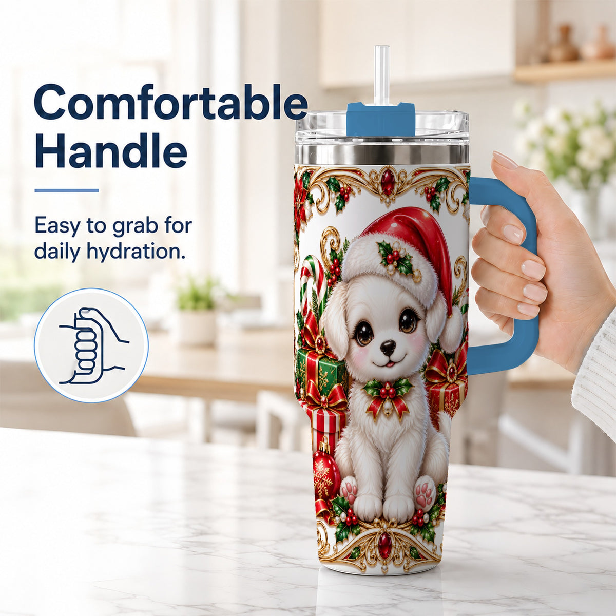 #pl[40oz|Blue] Christmas Puppy 40oz Tumbler with Handle, Stainless Steel Travel Cup