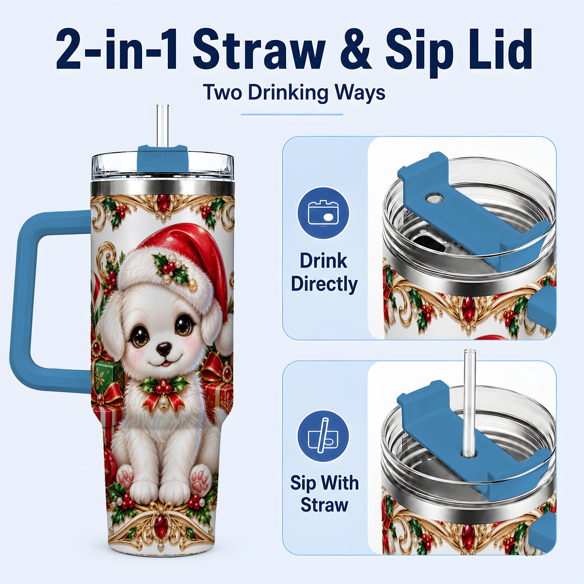 #pl[40oz|Blue] Christmas Puppy 40oz Tumbler with Handle, Stainless Steel Travel Cup