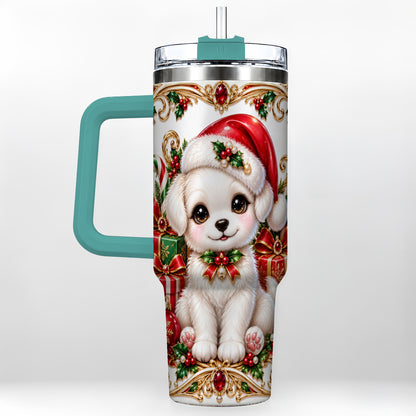 #pl[40oz|Green] Christmas Puppy 40oz Tumbler with Handle, Stainless Steel Travel Cup