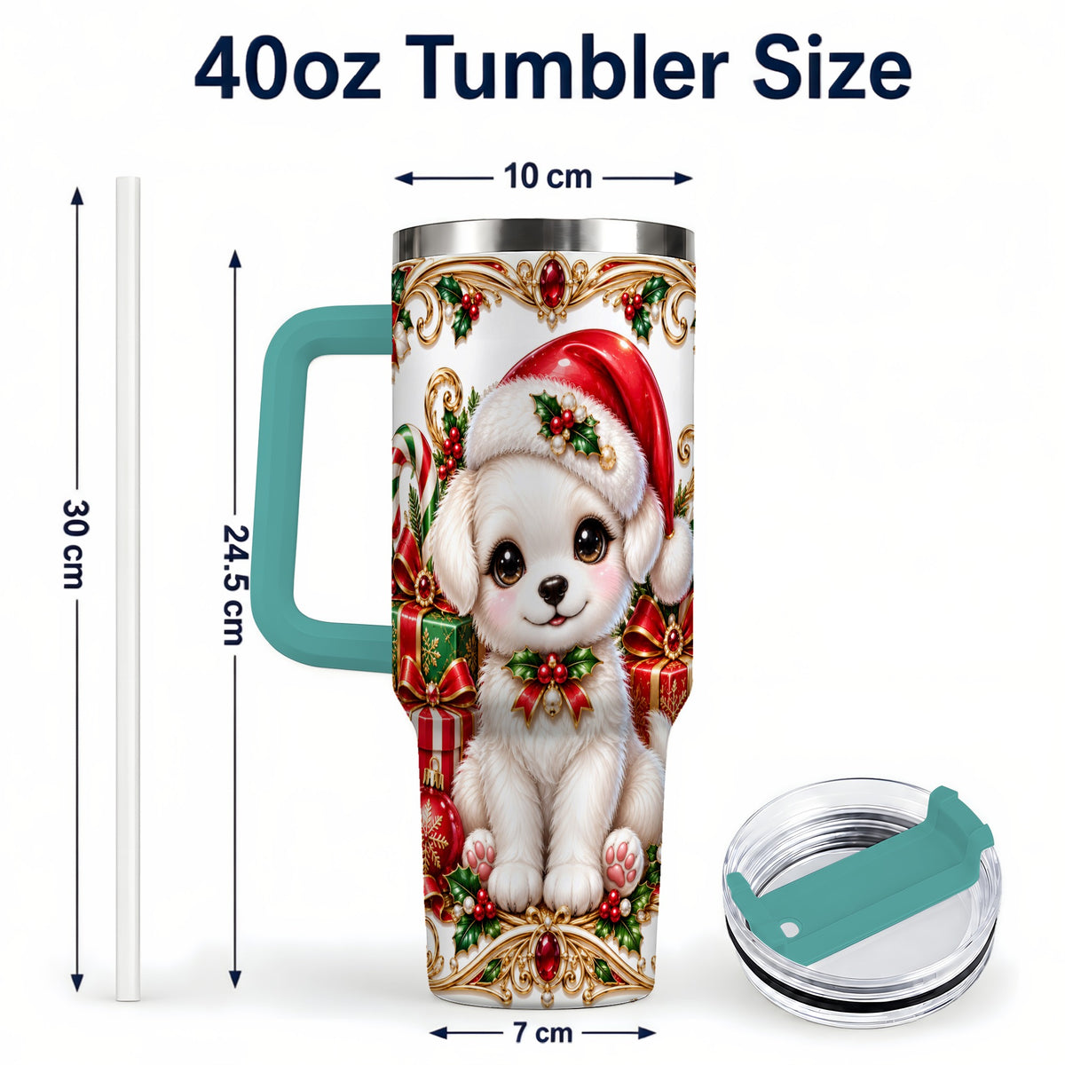 #pl[40oz|Green] Christmas Puppy 40oz Tumbler with Handle, Stainless Steel Travel Cup