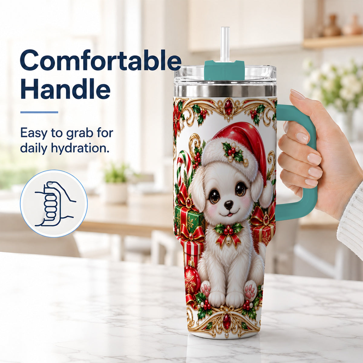 #pl[40oz|Green] Christmas Puppy 40oz Tumbler with Handle, Stainless Steel Travel Cup