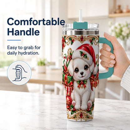 #pl[40oz|Green] Christmas Puppy 40oz Tumbler with Handle, Stainless Steel Travel Cup