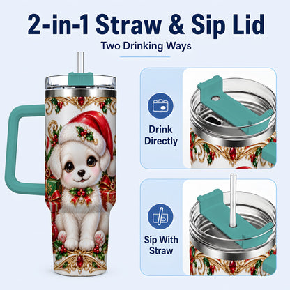 #pl[40oz|Green] Christmas Puppy 40oz Tumbler with Handle, Stainless Steel Travel Cup