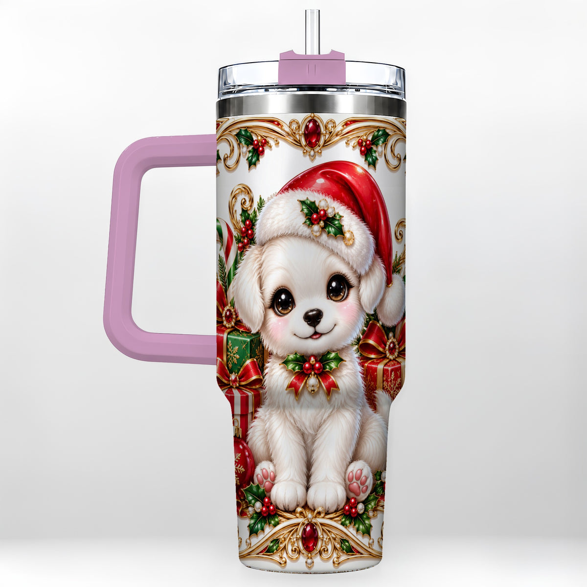 #pl[40oz|Pink] Christmas Puppy 40oz Tumbler with Handle, Stainless Steel Travel Cup