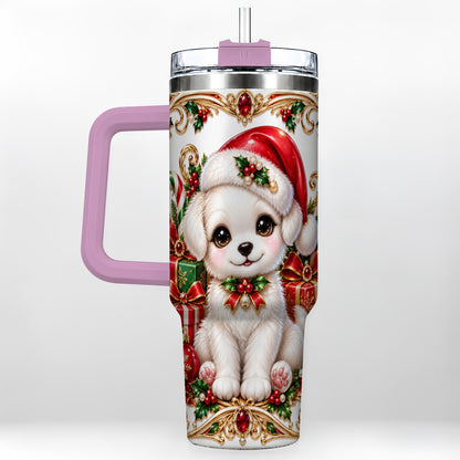 #pl[40oz|Pink] Christmas Puppy 40oz Tumbler with Handle, Stainless Steel Travel Cup