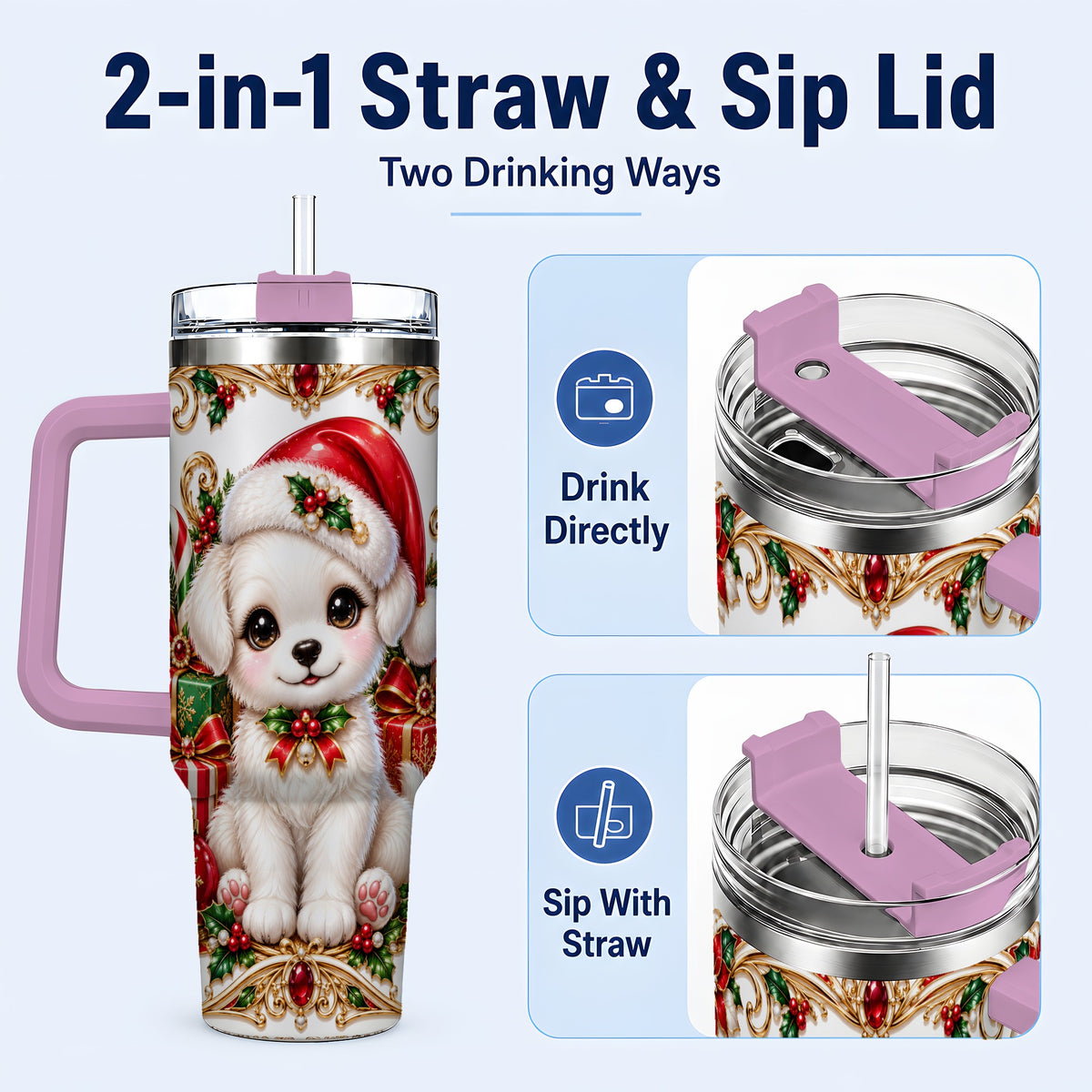#pl[40oz|Pink] Christmas Puppy 40oz Tumbler with Handle, Stainless Steel Travel Cup