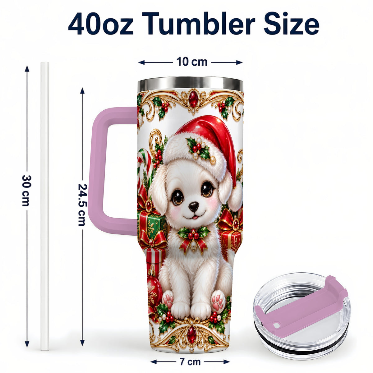 #pl[40oz|Pink] Christmas Puppy 40oz Tumbler with Handle, Stainless Steel Travel Cup