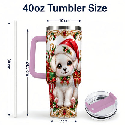 #pl[40oz|Pink] Christmas Puppy 40oz Tumbler with Handle, Stainless Steel Travel Cup