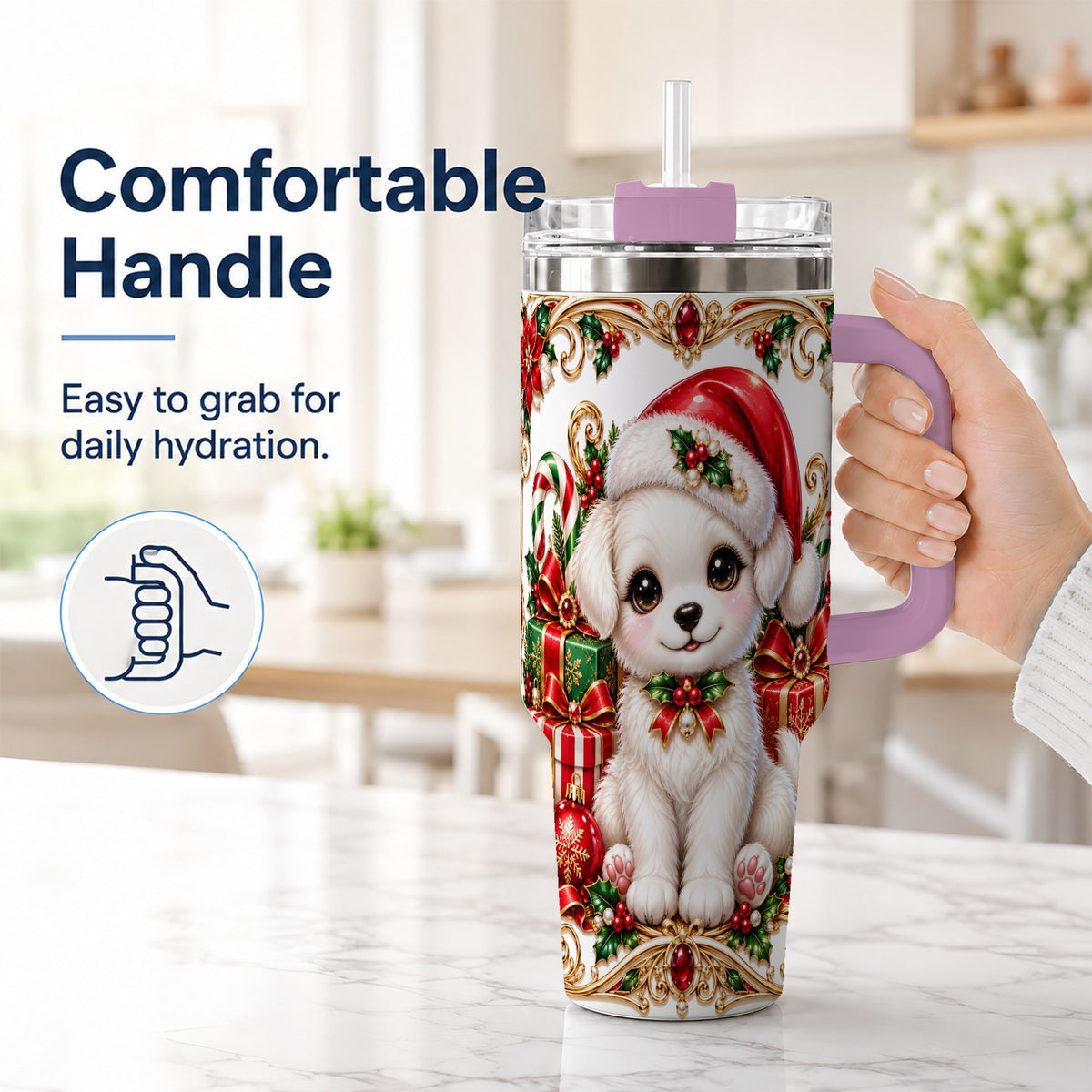 #pl[40oz|Pink] Christmas Puppy 40oz Tumbler with Handle, Stainless Steel Travel Cup