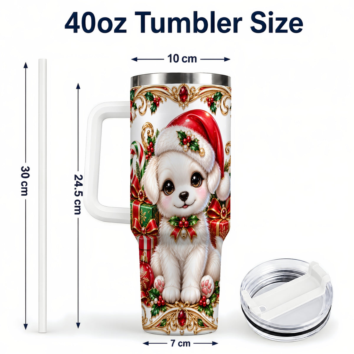 #pl[40oz|White] Christmas Puppy 40oz Tumbler with Handle, Stainless Steel Travel Cup