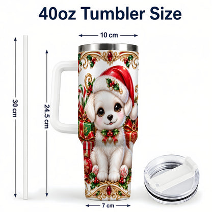 #pl[40oz|White] Christmas Puppy 40oz Tumbler with Handle, Stainless Steel Travel Cup
