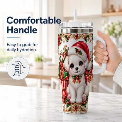 #pl[40oz|White] Christmas Puppy 40oz Tumbler with Handle, Stainless Steel Travel Cup