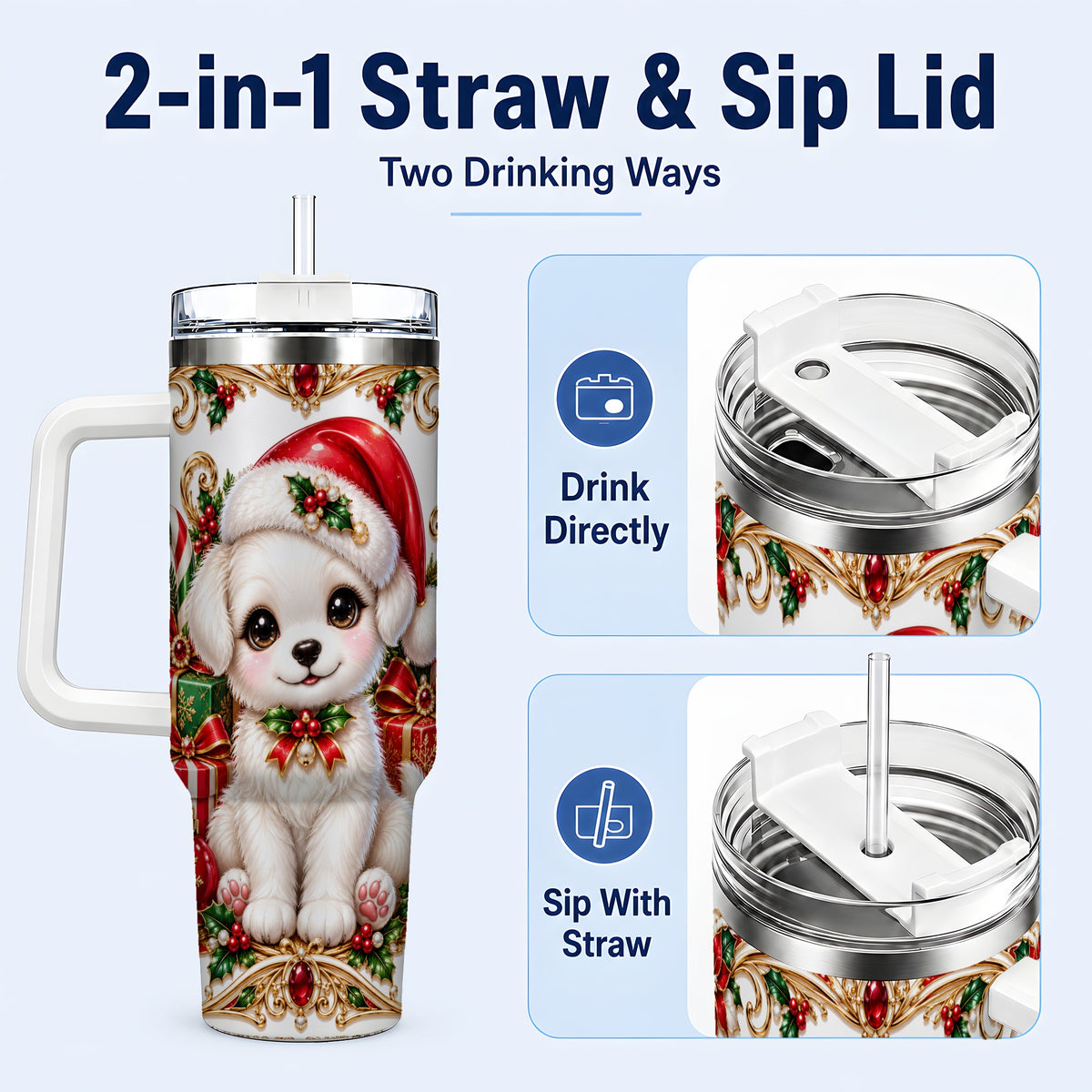 #pl[40oz|White] Christmas Puppy 40oz Tumbler with Handle, Stainless Steel Travel Cup