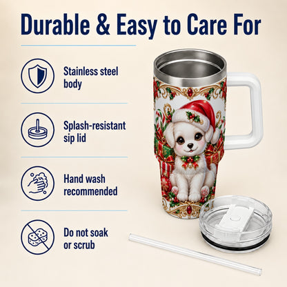 Christmas Puppy 40oz Tumbler with Handle, Stainless Steel Travel Cup