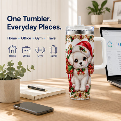 Christmas Puppy 40oz Tumbler with Handle, Stainless Steel Travel Cup