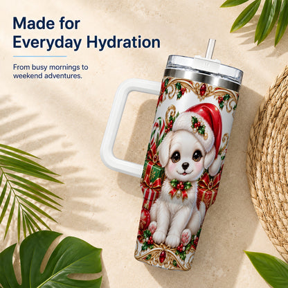 Christmas Puppy 40oz Tumbler with Handle, Stainless Steel Travel Cup