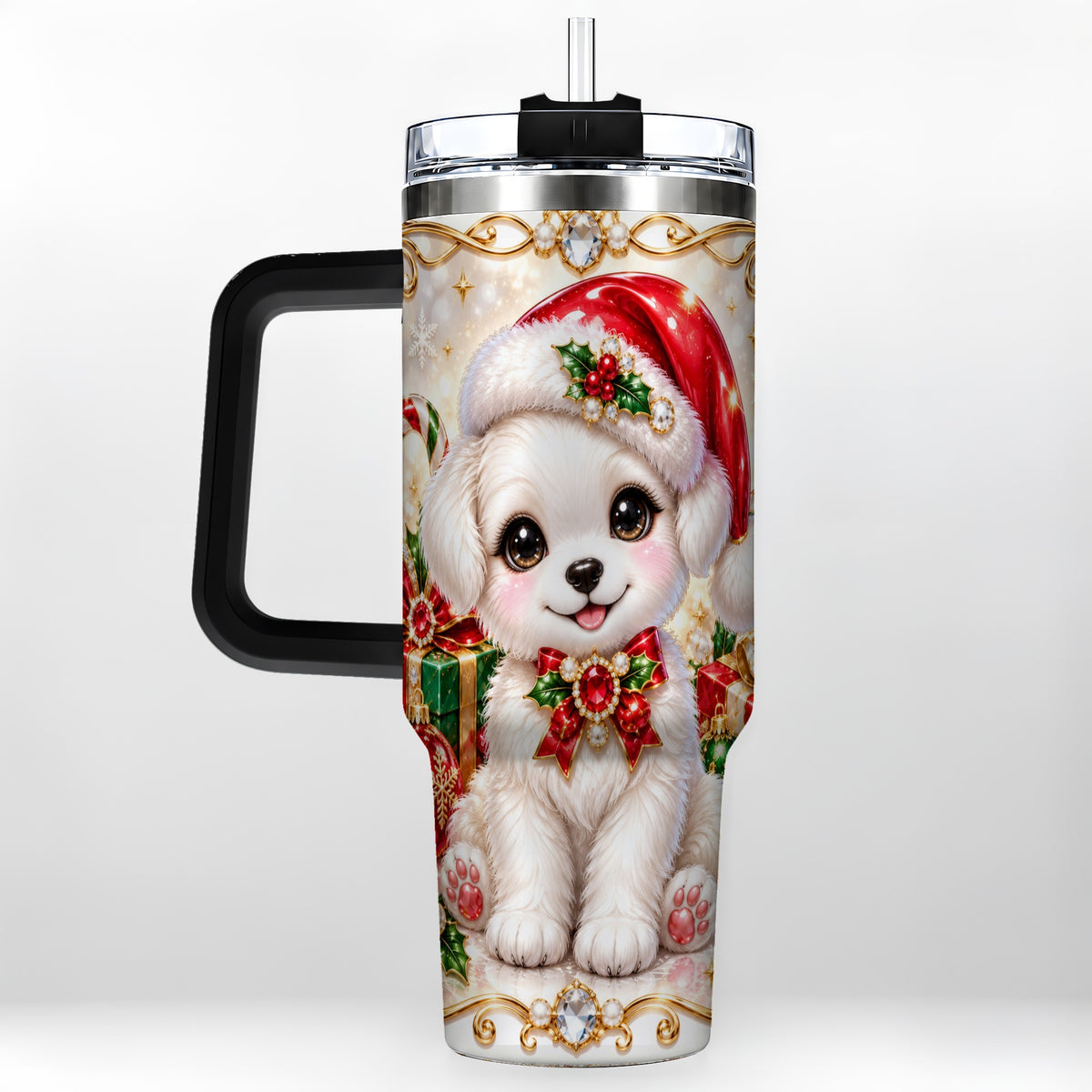 #pl[40oz|Black] Christmas Puppy 40oz Tumbler with Handle, Santa Dog Travel Cup