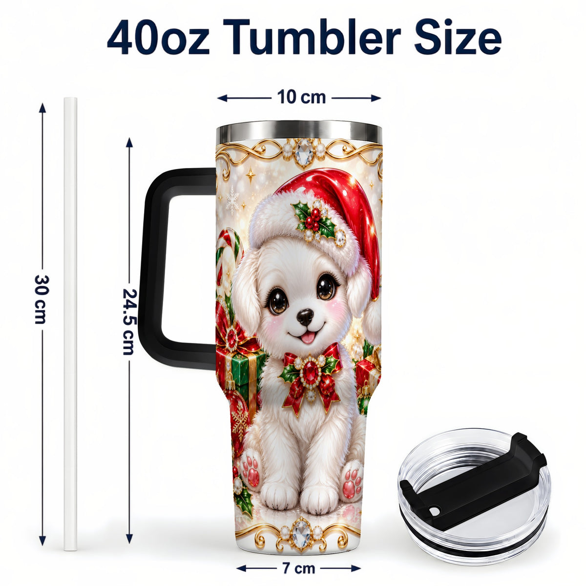 #pl[40oz|Black] Christmas Puppy 40oz Tumbler with Handle, Santa Dog Travel Cup
