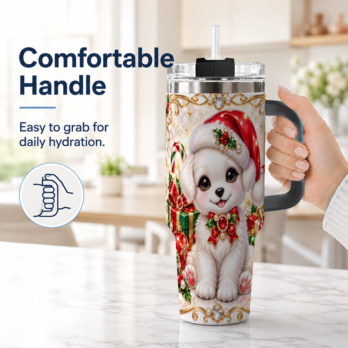 #pl[40oz|Black] Christmas Puppy 40oz Tumbler with Handle, Santa Dog Travel Cup