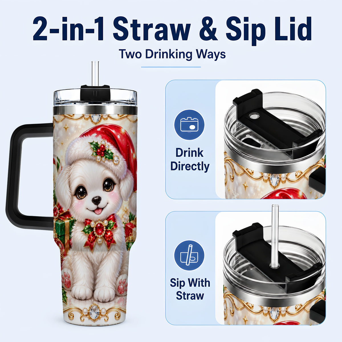 #pl[40oz|Black] Christmas Puppy 40oz Tumbler with Handle, Santa Dog Travel Cup
