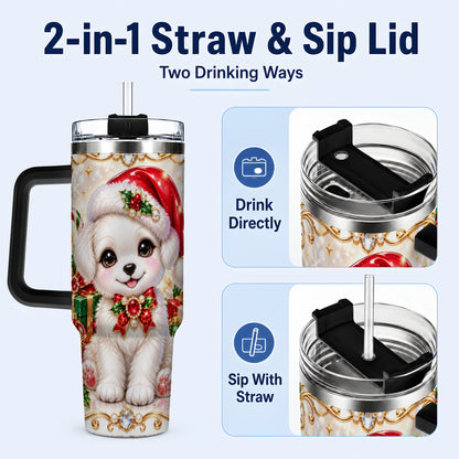 #pl[40oz|Black] Christmas Puppy 40oz Tumbler with Handle, Santa Dog Travel Cup
