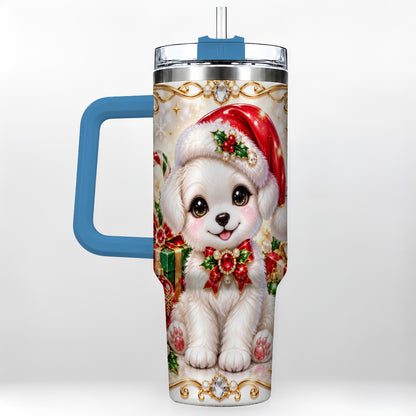 #pl[40oz|Blue] Christmas Puppy 40oz Tumbler with Handle, Santa Dog Travel Cup