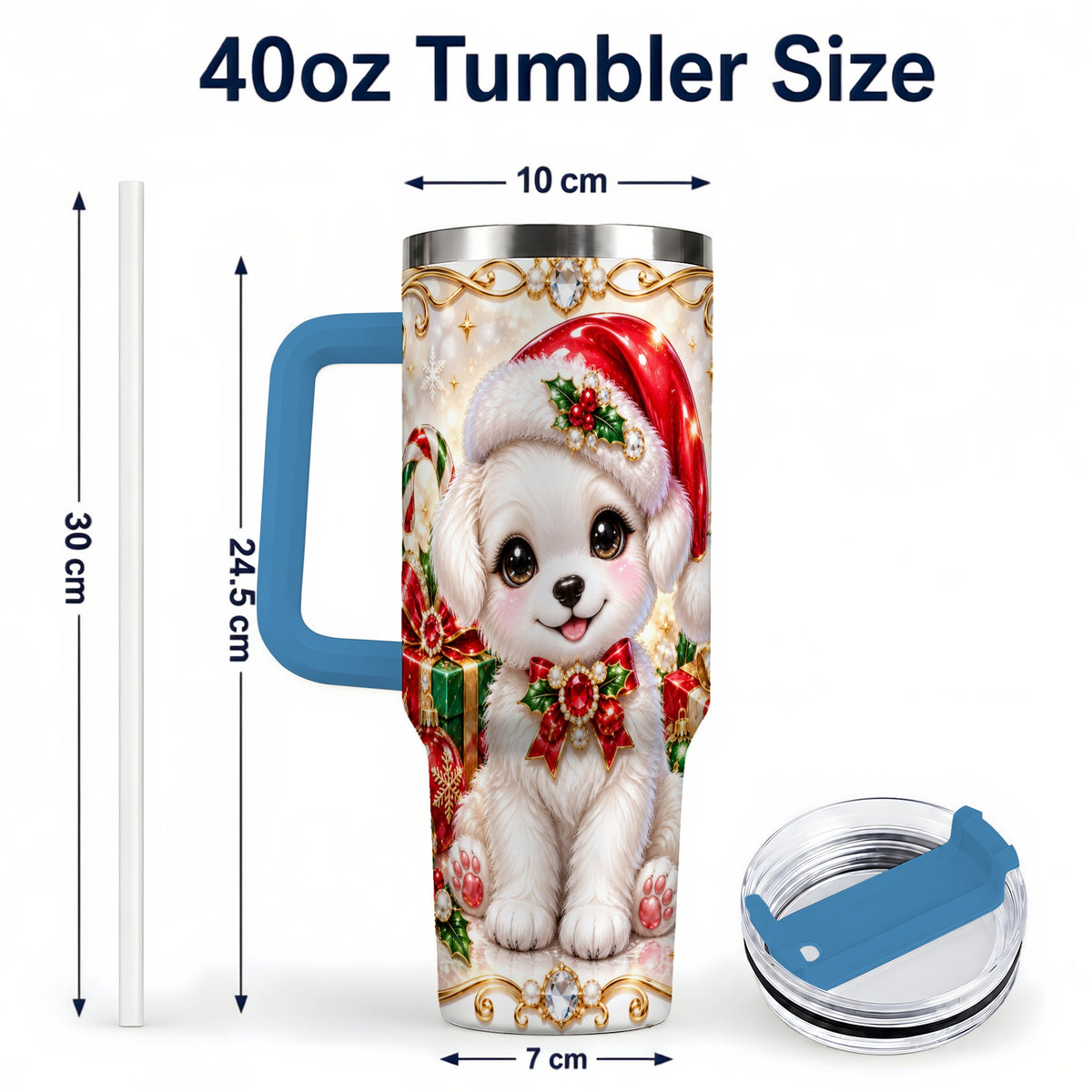 #pl[40oz|Blue] Christmas Puppy 40oz Tumbler with Handle, Santa Dog Travel Cup