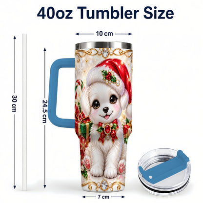 #pl[40oz|Blue] Christmas Puppy 40oz Tumbler with Handle, Santa Dog Travel Cup