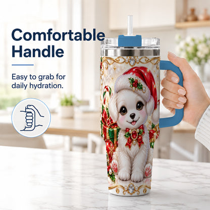 #pl[40oz|Blue] Christmas Puppy 40oz Tumbler with Handle, Santa Dog Travel Cup