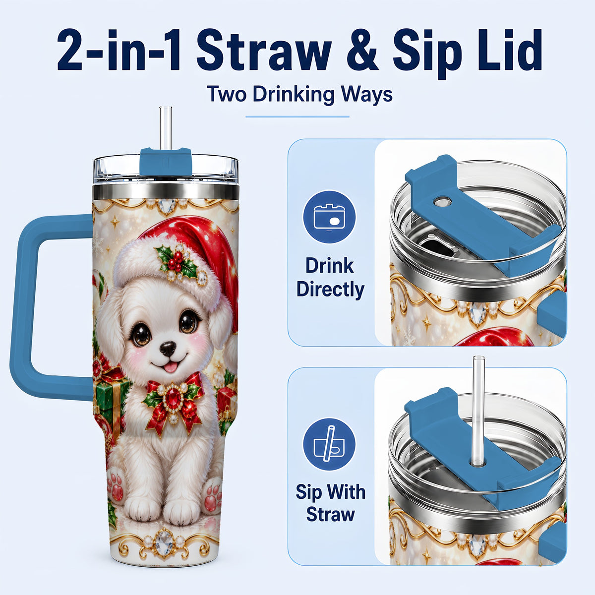 #pl[40oz|Blue] Christmas Puppy 40oz Tumbler with Handle, Santa Dog Travel Cup