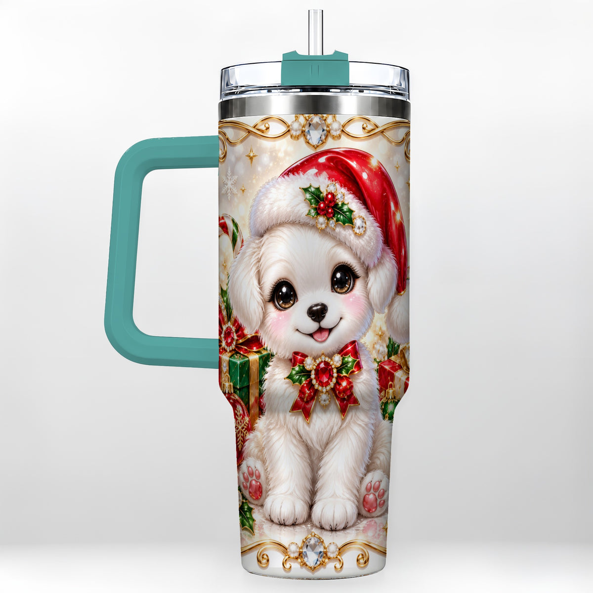 #pl[40oz|Green] Christmas Puppy 40oz Tumbler with Handle, Santa Dog Travel Cup