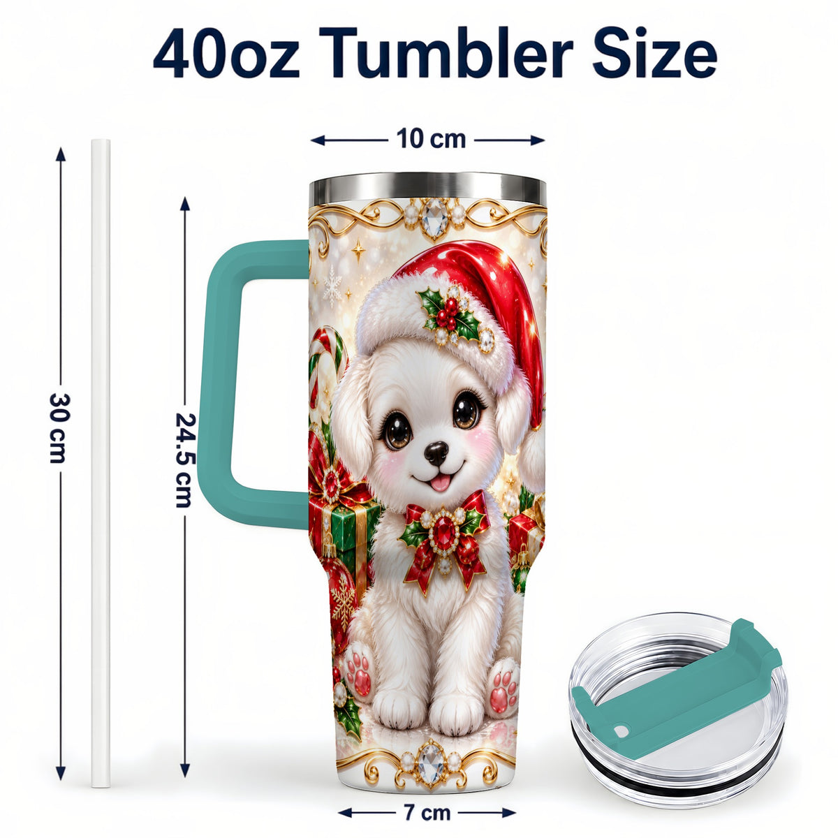 #pl[40oz|Green] Christmas Puppy 40oz Tumbler with Handle, Santa Dog Travel Cup