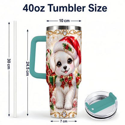 #pl[40oz|Green] Christmas Puppy 40oz Tumbler with Handle, Santa Dog Travel Cup