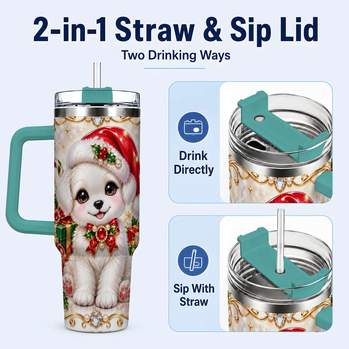 #pl[40oz|Green] Christmas Puppy 40oz Tumbler with Handle, Santa Dog Travel Cup