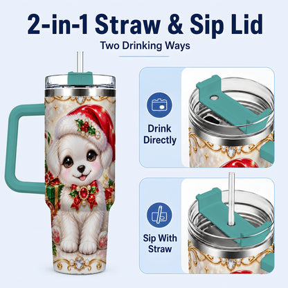 #pl[40oz|Green] Christmas Puppy 40oz Tumbler with Handle, Santa Dog Travel Cup