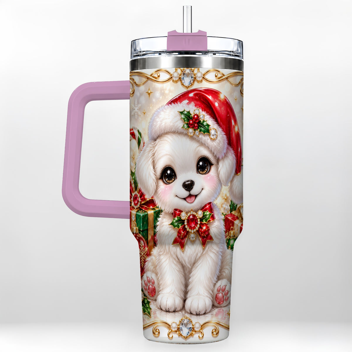 #pl[40oz|Pink] Christmas Puppy 40oz Tumbler with Handle, Santa Dog Travel Cup