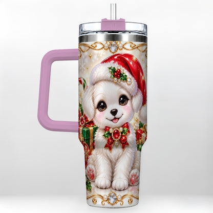 #pl[40oz|Pink] Christmas Puppy 40oz Tumbler with Handle, Santa Dog Travel Cup