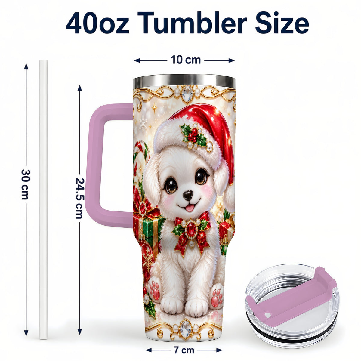 #pl[40oz|Pink] Christmas Puppy 40oz Tumbler with Handle, Santa Dog Travel Cup