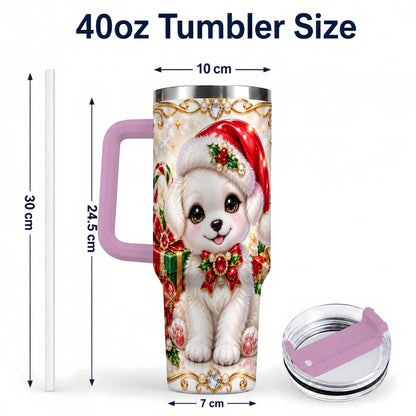 #pl[40oz|Pink] Christmas Puppy 40oz Tumbler with Handle, Santa Dog Travel Cup