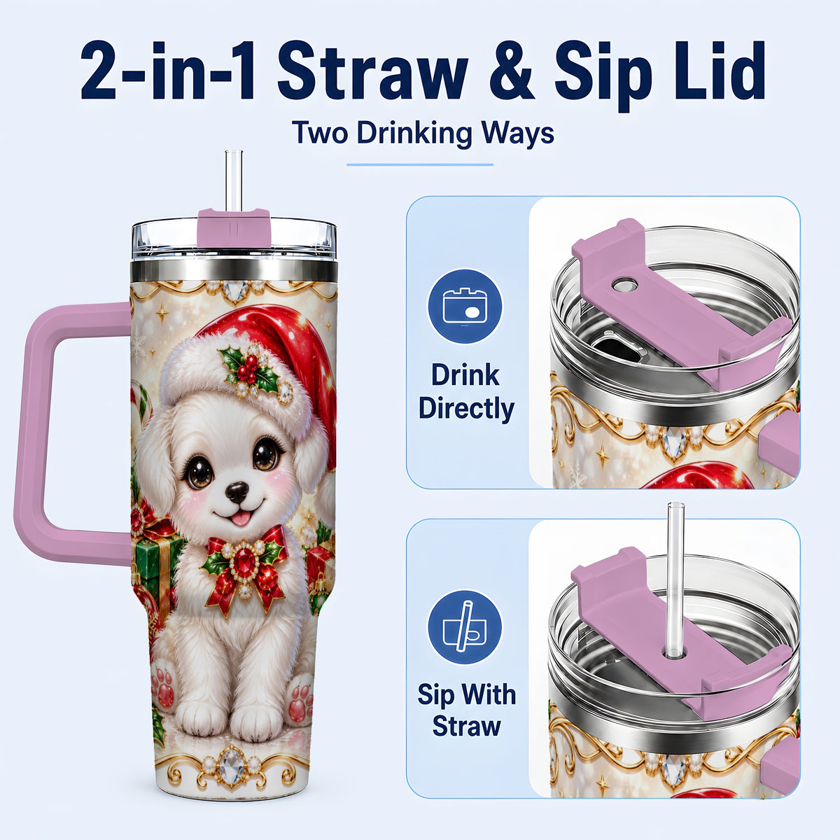#pl[40oz|Pink] Christmas Puppy 40oz Tumbler with Handle, Santa Dog Travel Cup