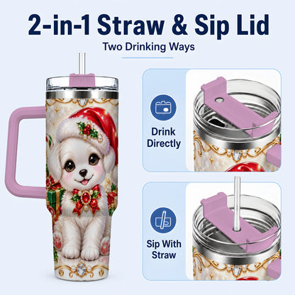#pl[40oz|Pink] Christmas Puppy 40oz Tumbler with Handle, Santa Dog Travel Cup