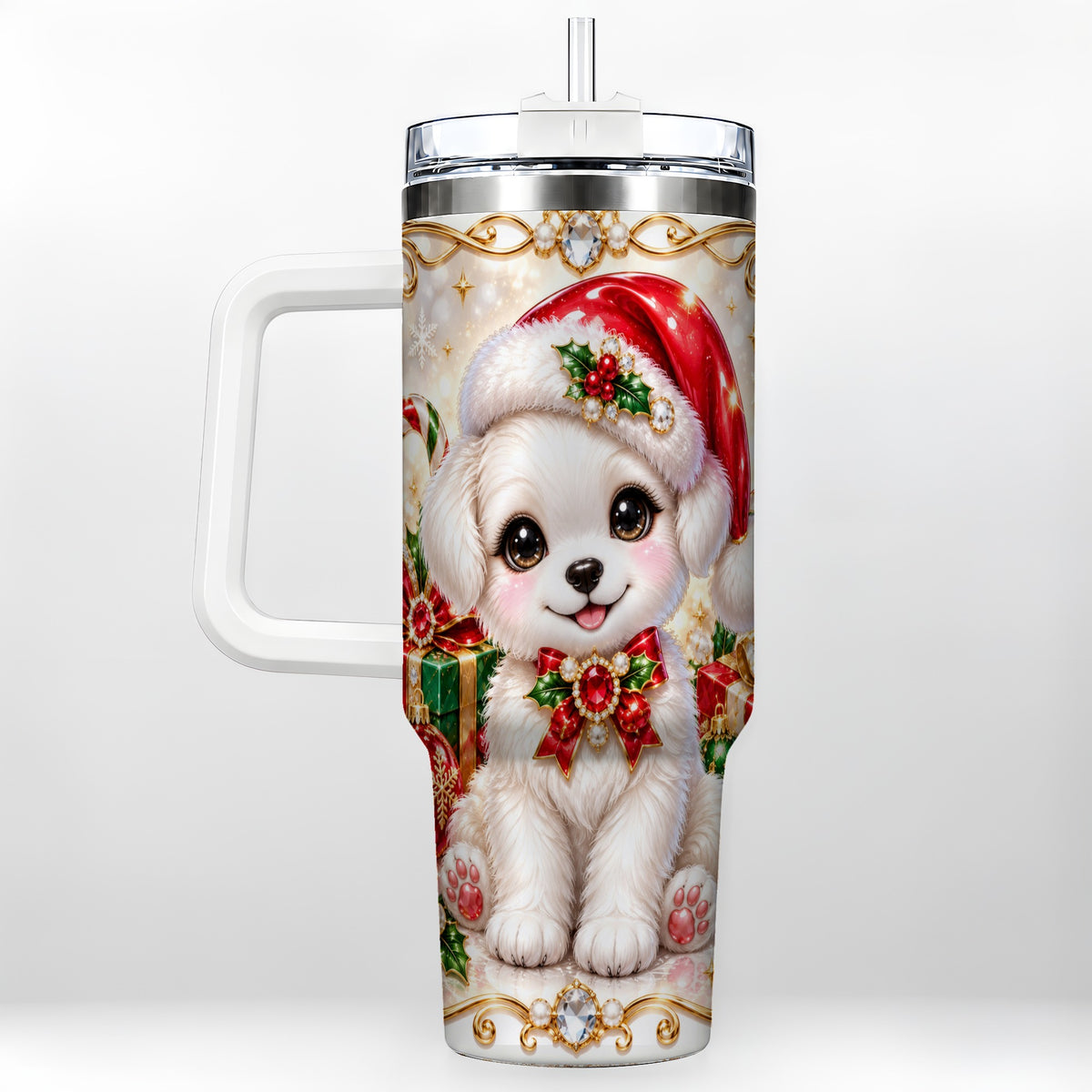 Christmas Puppy 40oz Tumbler with Handle, Santa Dog Travel Cup