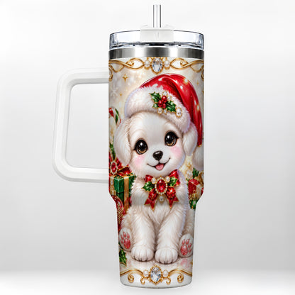 Christmas Puppy 40oz Tumbler with Handle, Santa Dog Travel Cup