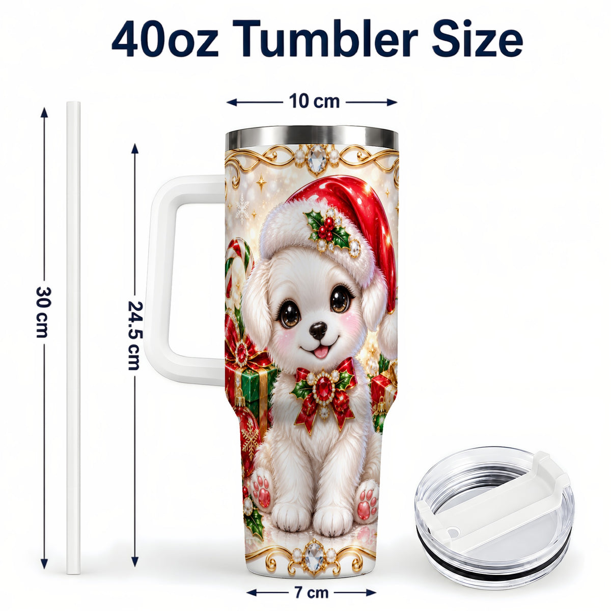 #pl[40oz|White] Christmas Puppy 40oz Tumbler with Handle, Santa Dog Travel Cup