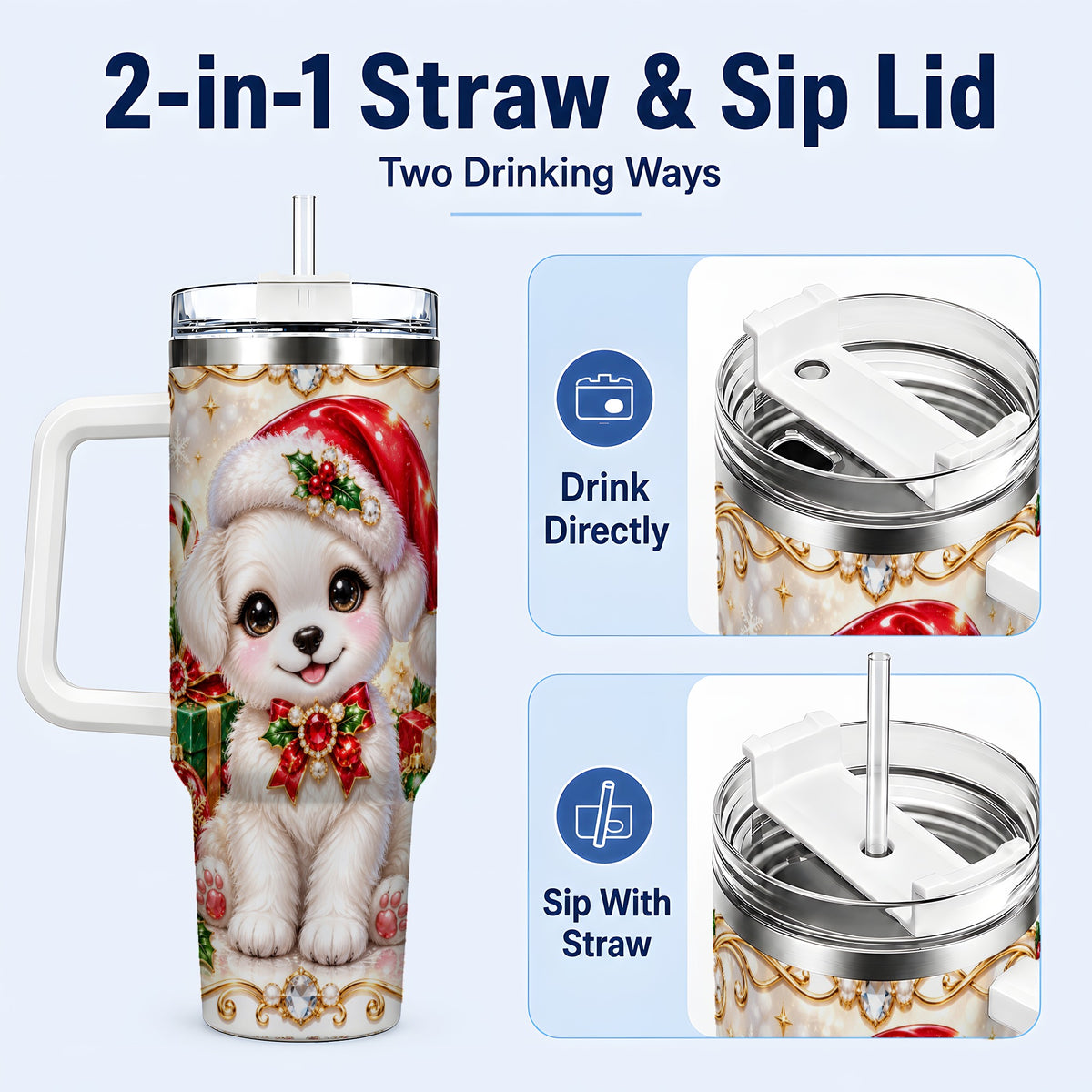 #pl[40oz|White] Christmas Puppy 40oz Tumbler with Handle, Santa Dog Travel Cup